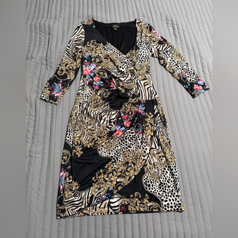 Thalia Sodi Black and Gold Patterned Long Sleeve Dress